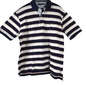 Tommy Hilfiger Mens XL Navy White Striped Short Sleeve Polo Shirt‎ Cotton